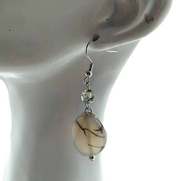 Marbled Acrylic Beaded Dangle Earrings on Silver-tone Coiled Fishhook Wire - Picture 5 of 8